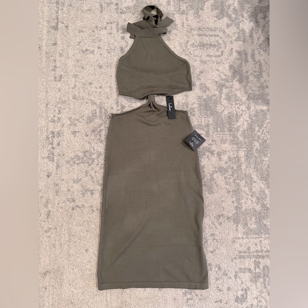 Lulu’s Loving It Olive Green Knit Cutout Halter Bodycon Midi Dress, Medium